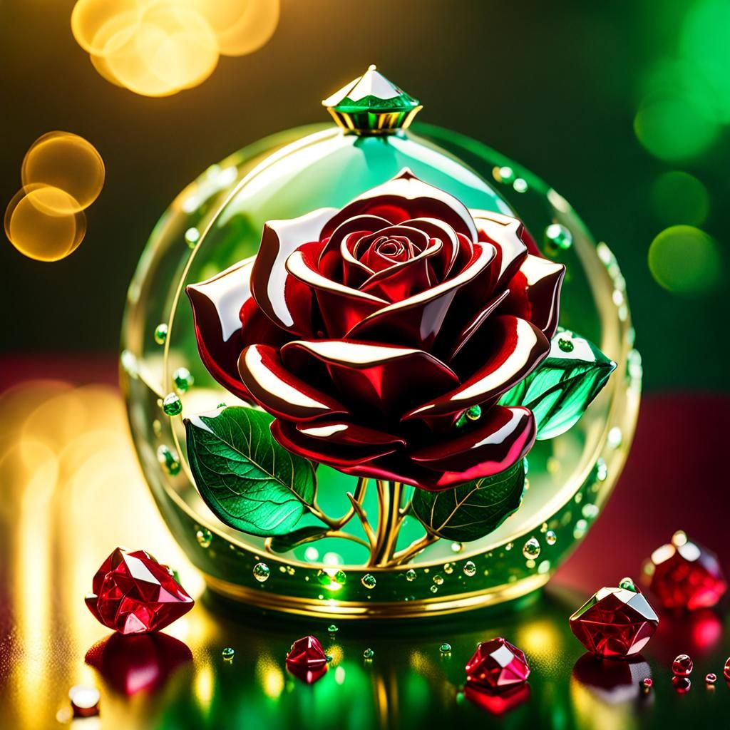 Blood-Red Metal Rose in Jar with Jewels