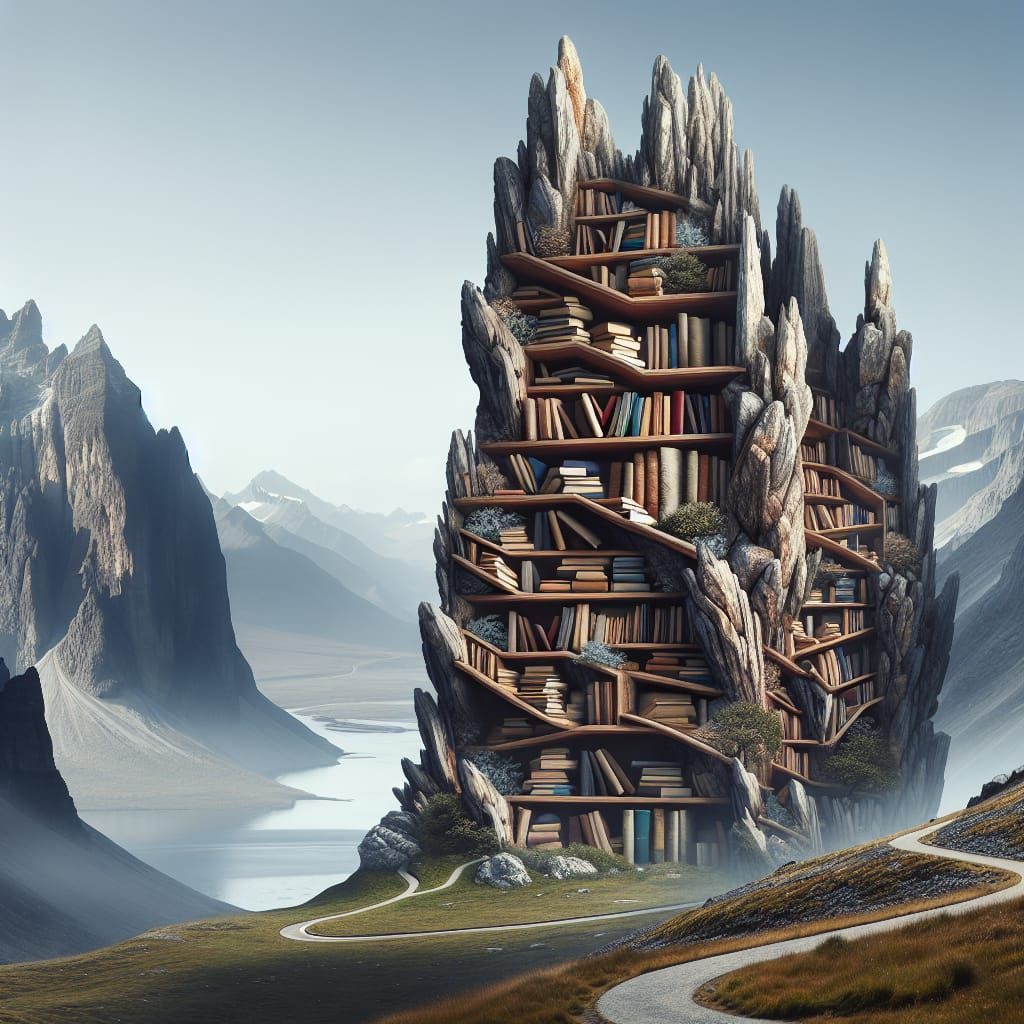 Surreal Mountain Bookshelf in Majestic Harmony