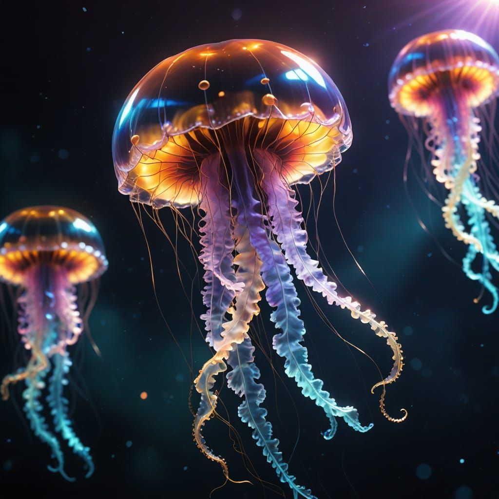 Glowing Iridescent Jellyfish in Radiant, Photorealistic Deta...