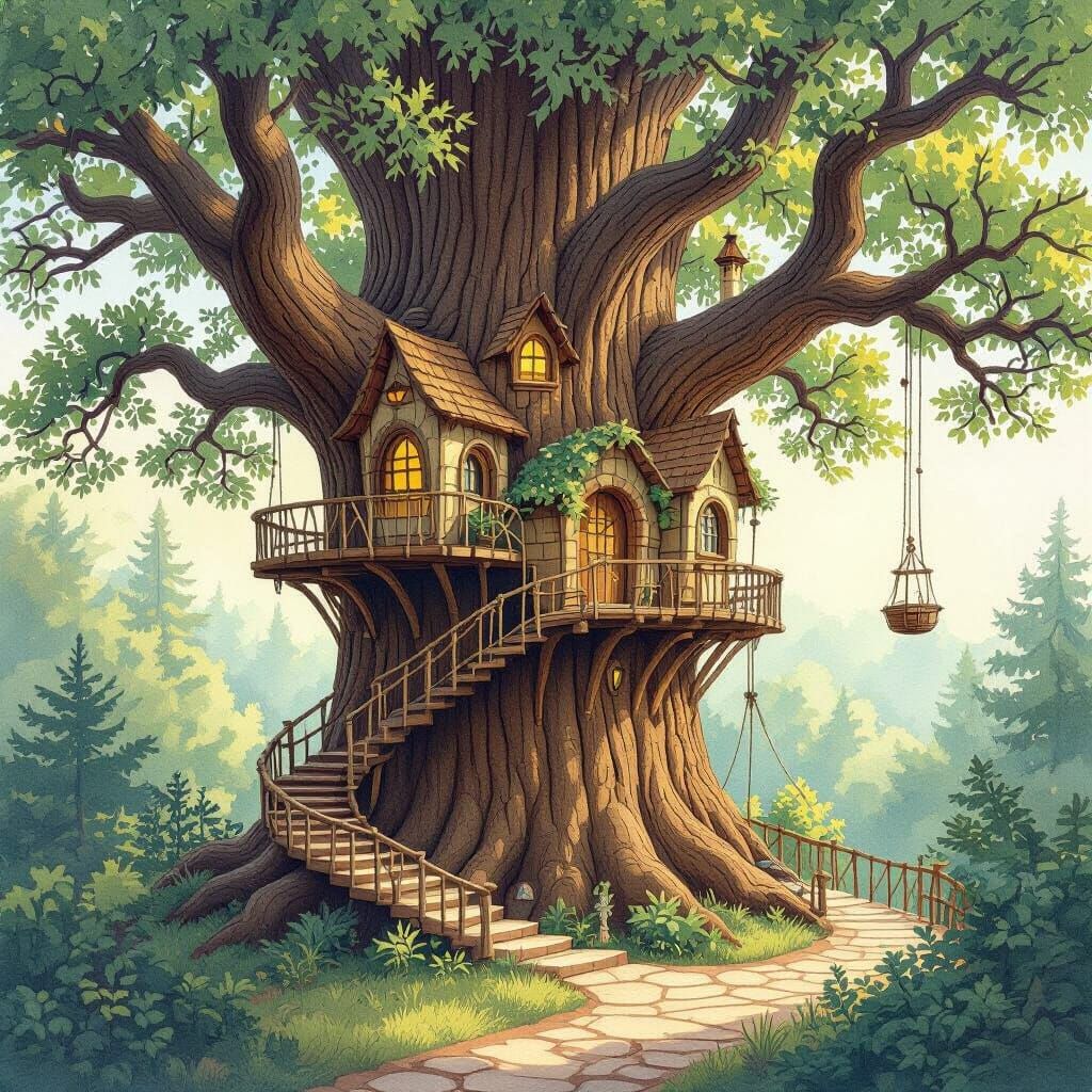 Whimsical Redwood Treehouse Village in Watercolor Style
