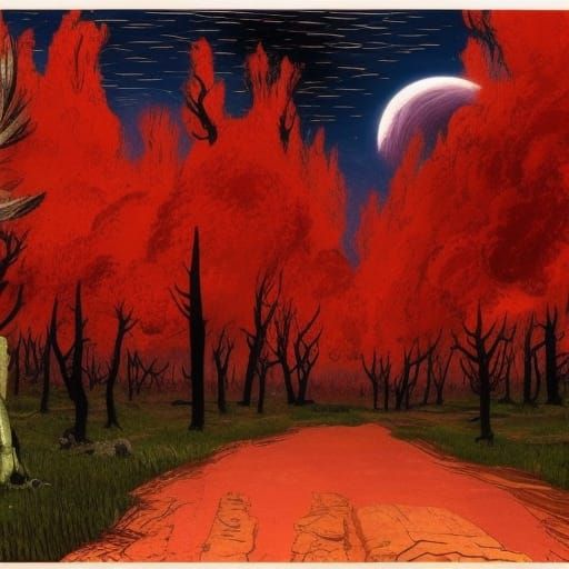 Starry Night with Red Trees, Digital Matte Painting