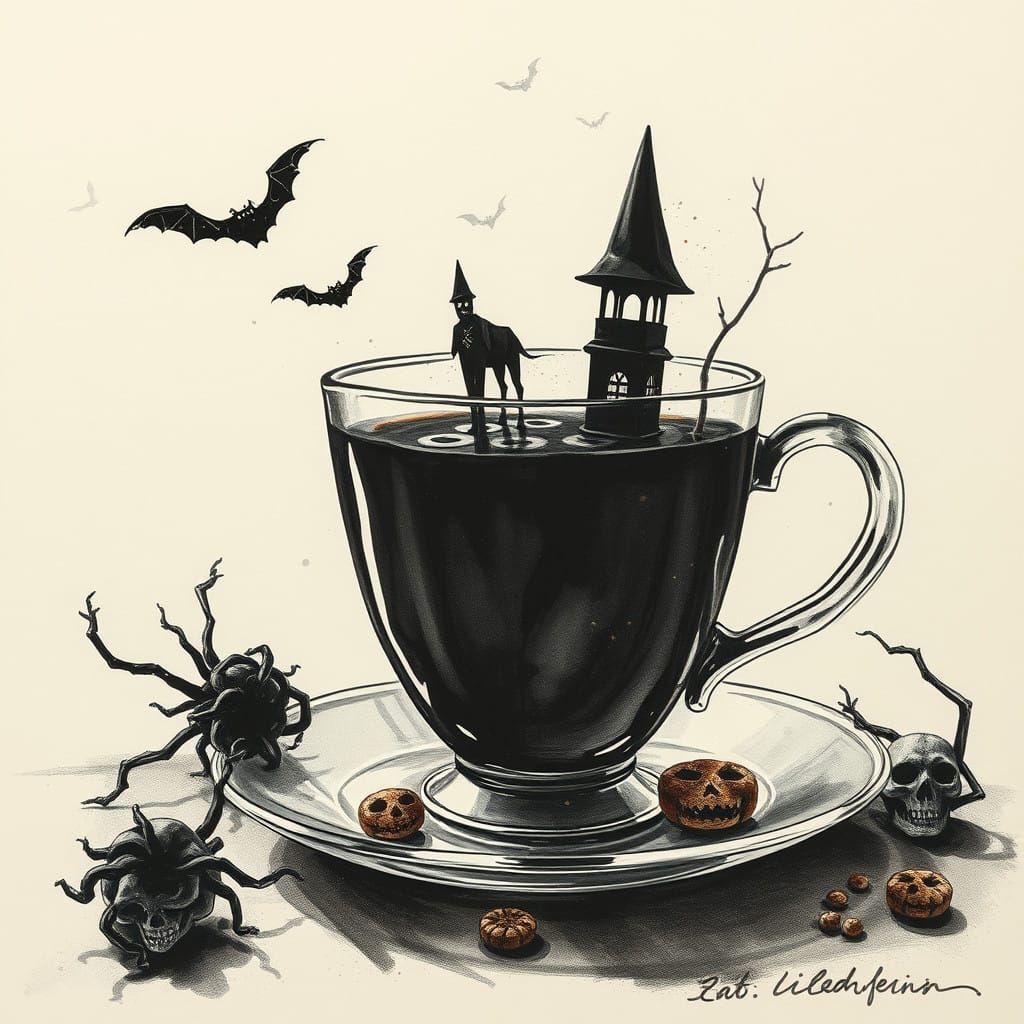Mysterious Black Teacup Scene in Alcohol Ink Style