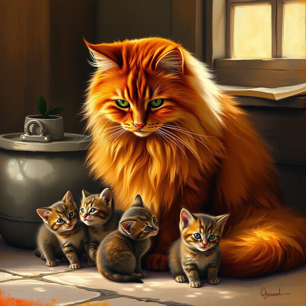 Regal Red Mother Cat with Kittens in Cozy Countryside Settin...