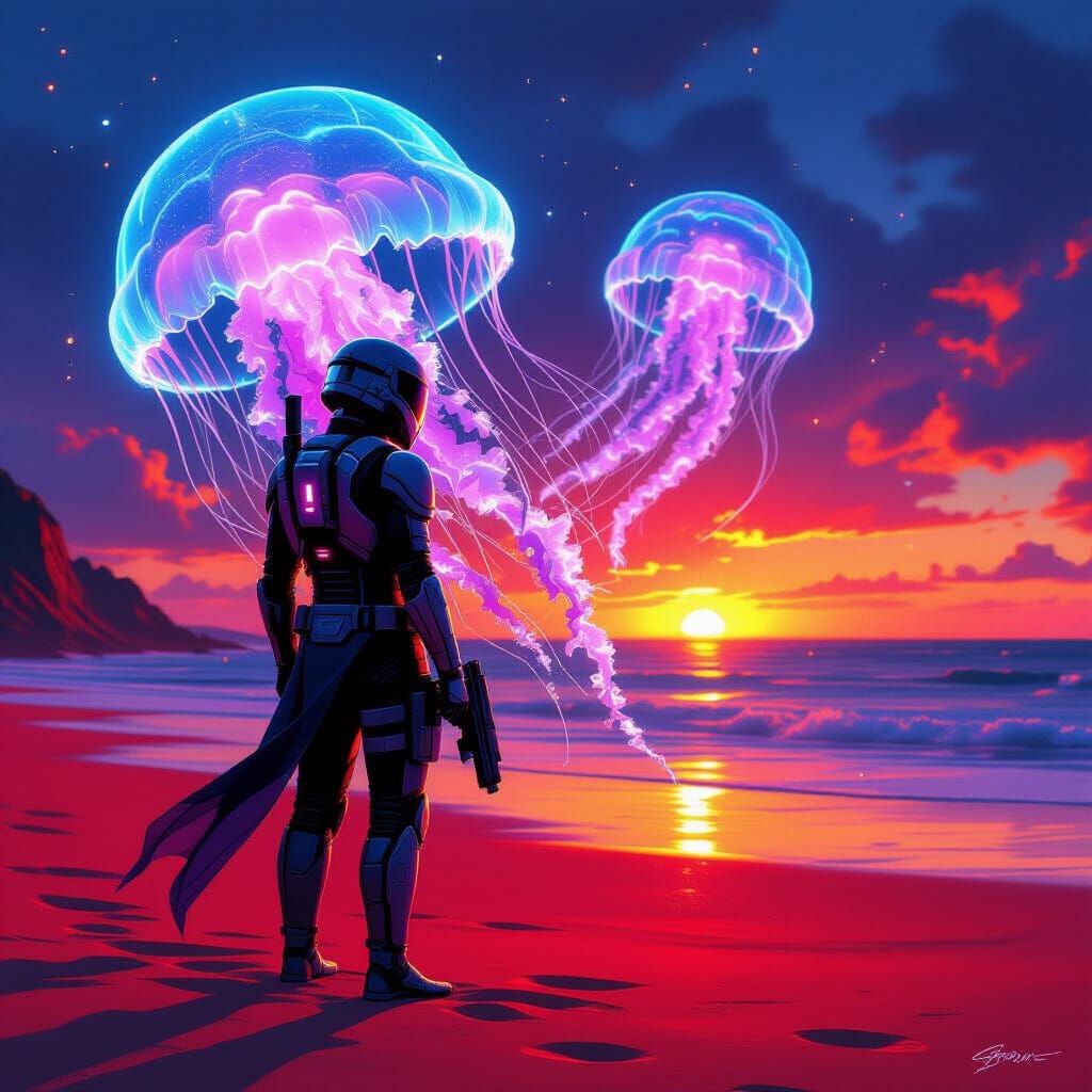 Bioluminescent Jellyfish Envelop Bounty Hunter on Alien Beac...