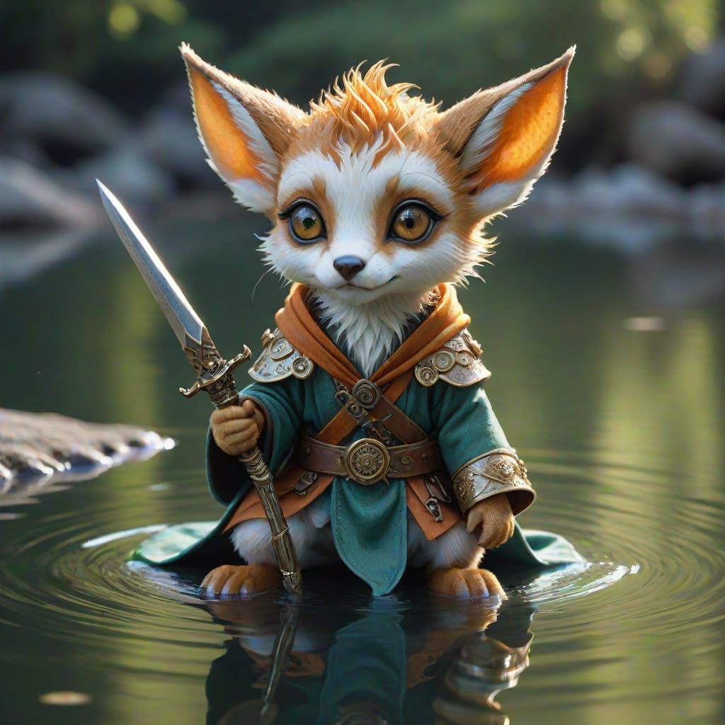 Elf Fox Chimera in Dystopian Robe, Serene Lake Portrait