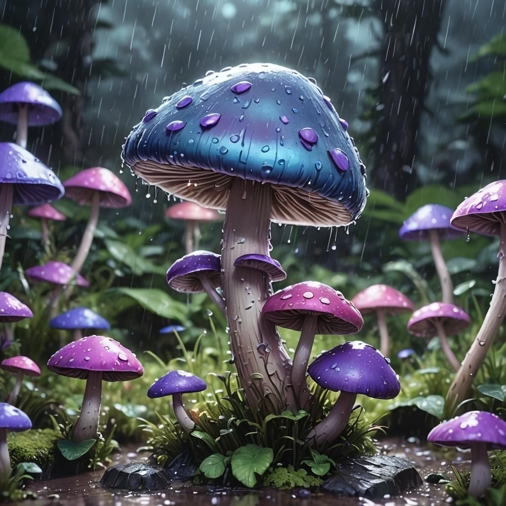 Cute Animated Mushroom in Rainy Anime Style