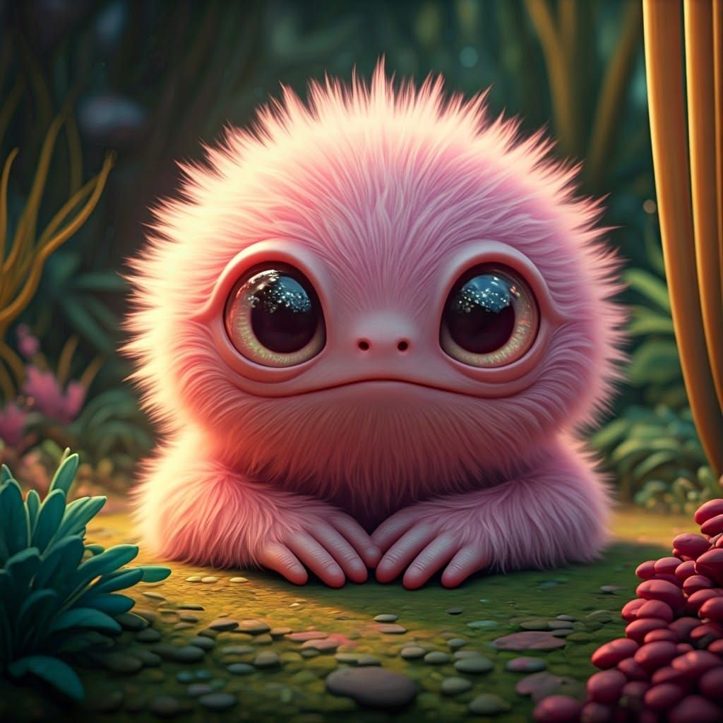 Adorable Pink Alien in Dreamlike Fantasy Landscape