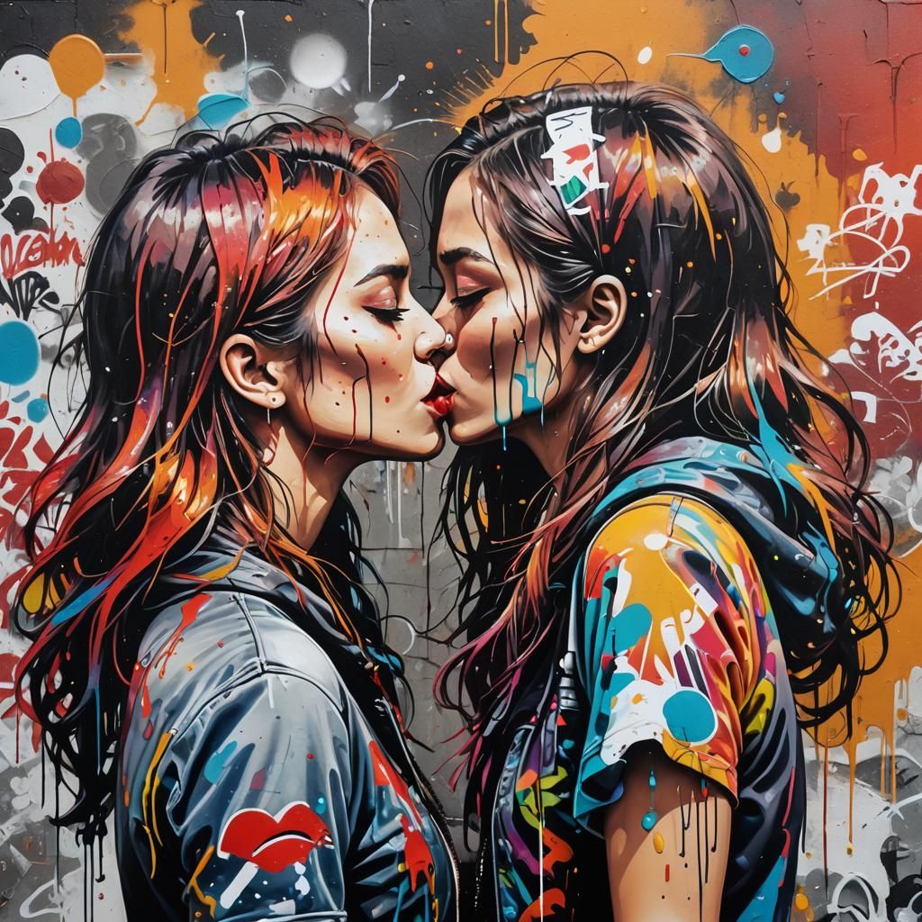 Graffiti Style Image of Two Girls Kissing