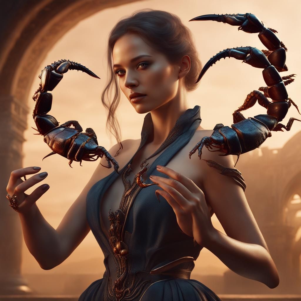 Beautiful Woman Holding a Scorpion in Matte Painting Style