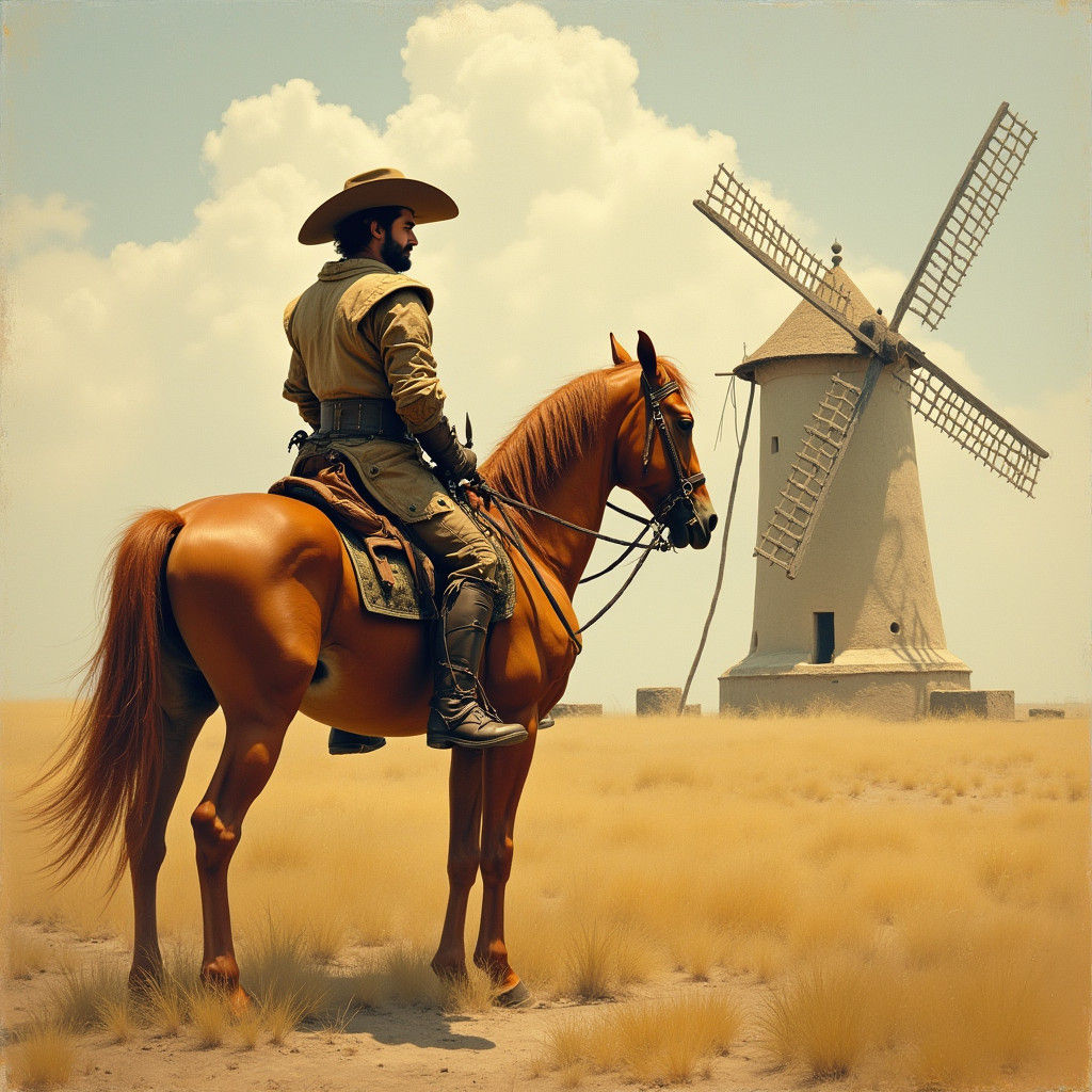 Don Quixote and Windmill in Romanticist Style