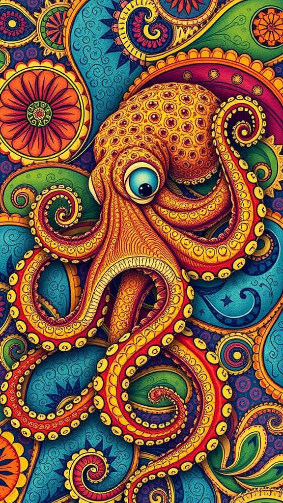 Majestic Octopus Blends into Whimsical Paisley Print