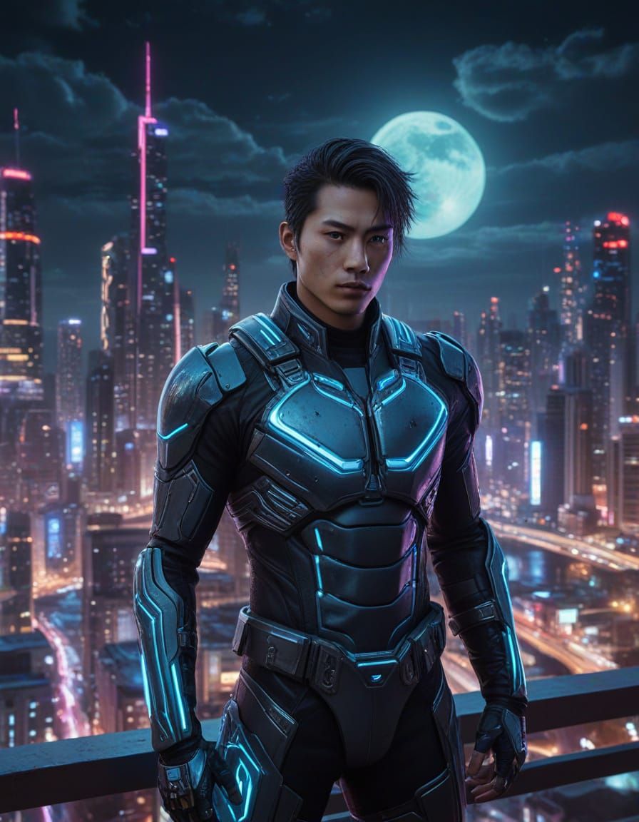 Cyberpunk Hero Stands at the Edge of a Futuristic Canyon