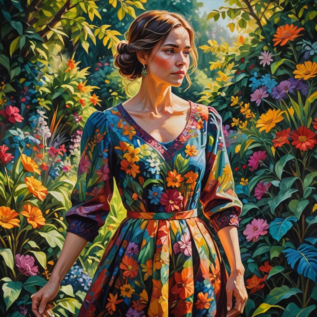 Woman in Vibrant Garden Oil Painting