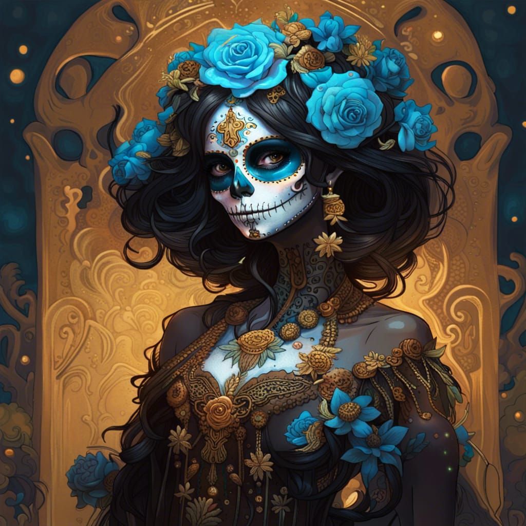 Intricate Catrina with Bioluminescent Skull, Digital Art
