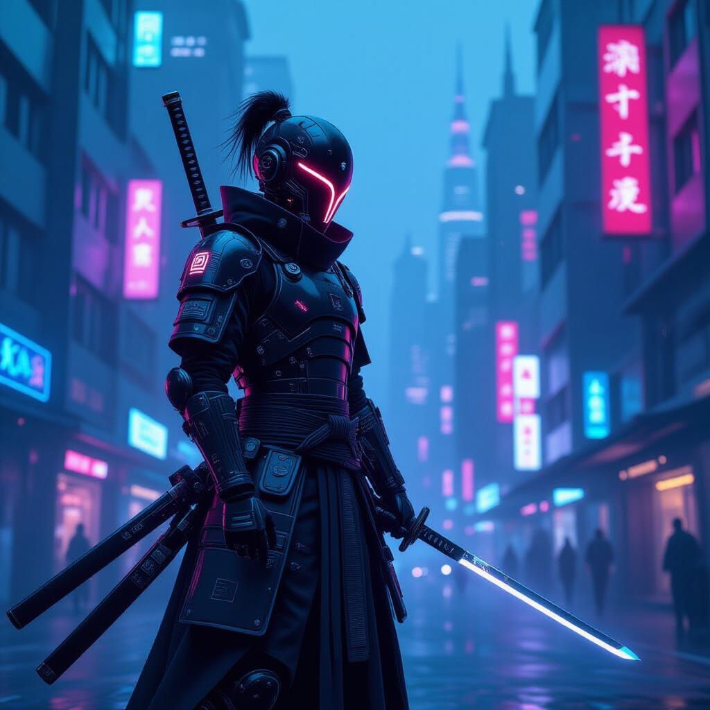 Cyberpunk Samurai Warrior in Neon Cityscape