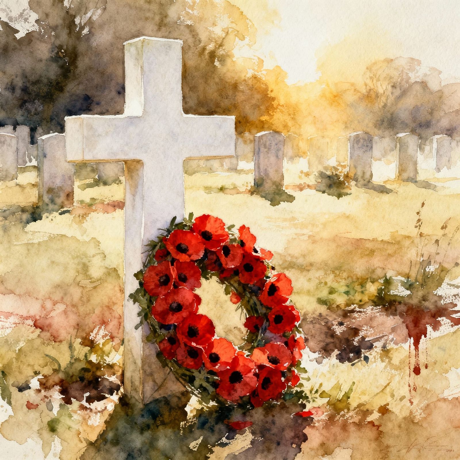 Poppy Wreath on White Cross in Sunlight