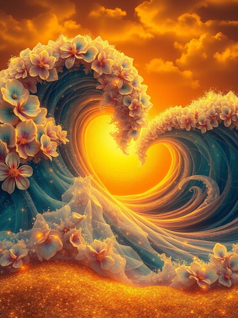 Bioluminescent Petal Waves Crash on Golden Sand Island