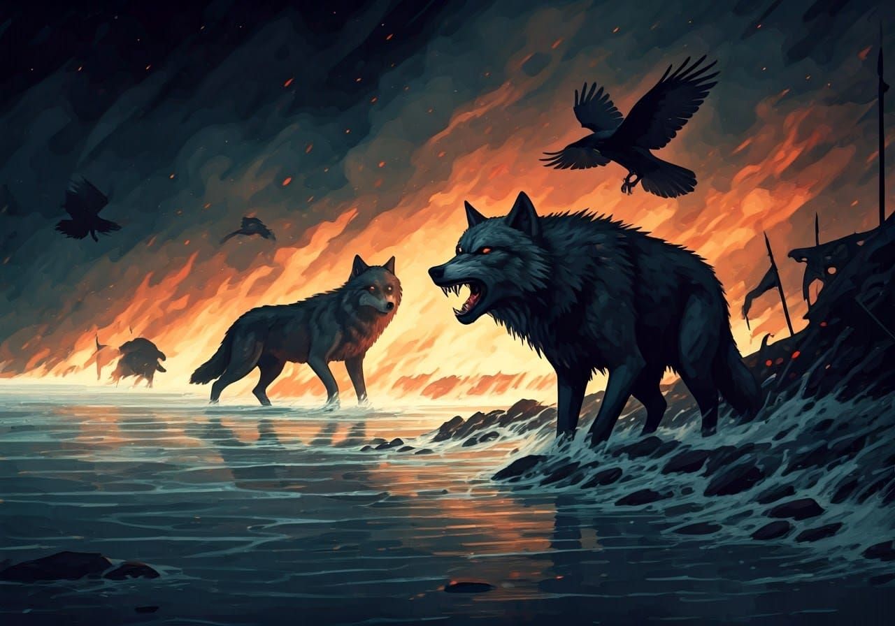 Ragnarök: Wolves and Ravens in Burning Battlefield