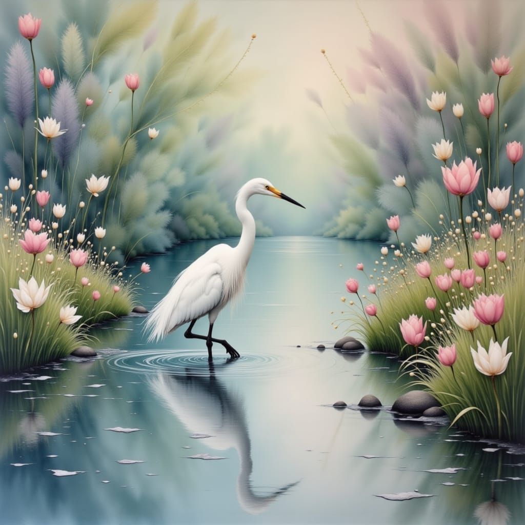 White Egret Beside Pastel Flowers in Spring