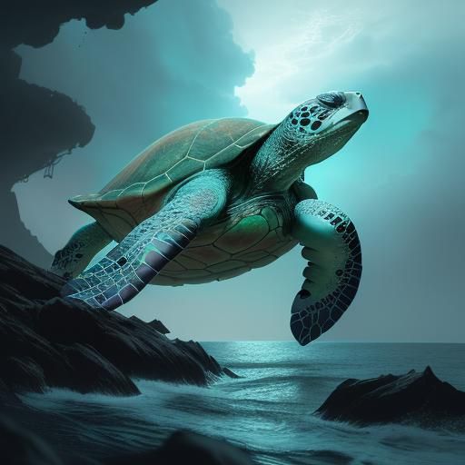 Neon Sea Turtle: Epic Digital Matte Painting