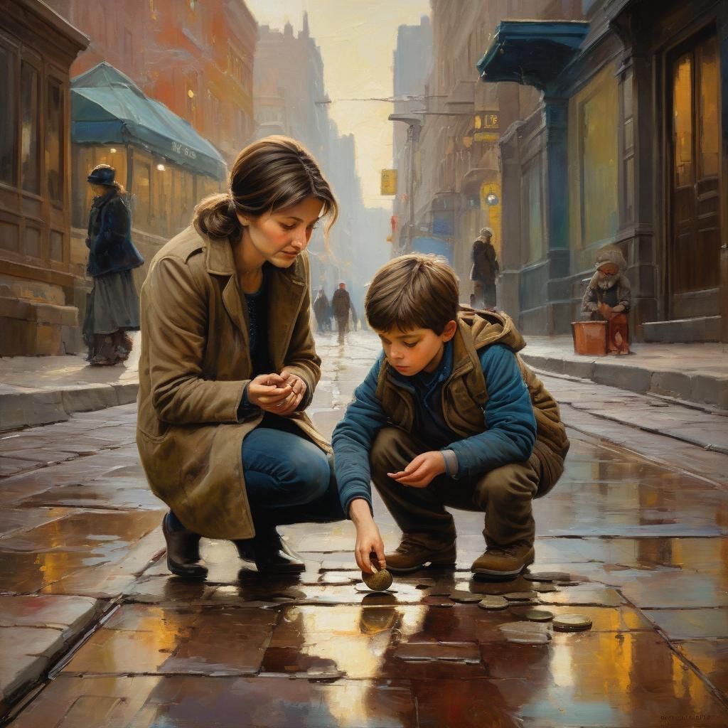 Mother and Son Find Coin, Oil Painting by Gurney