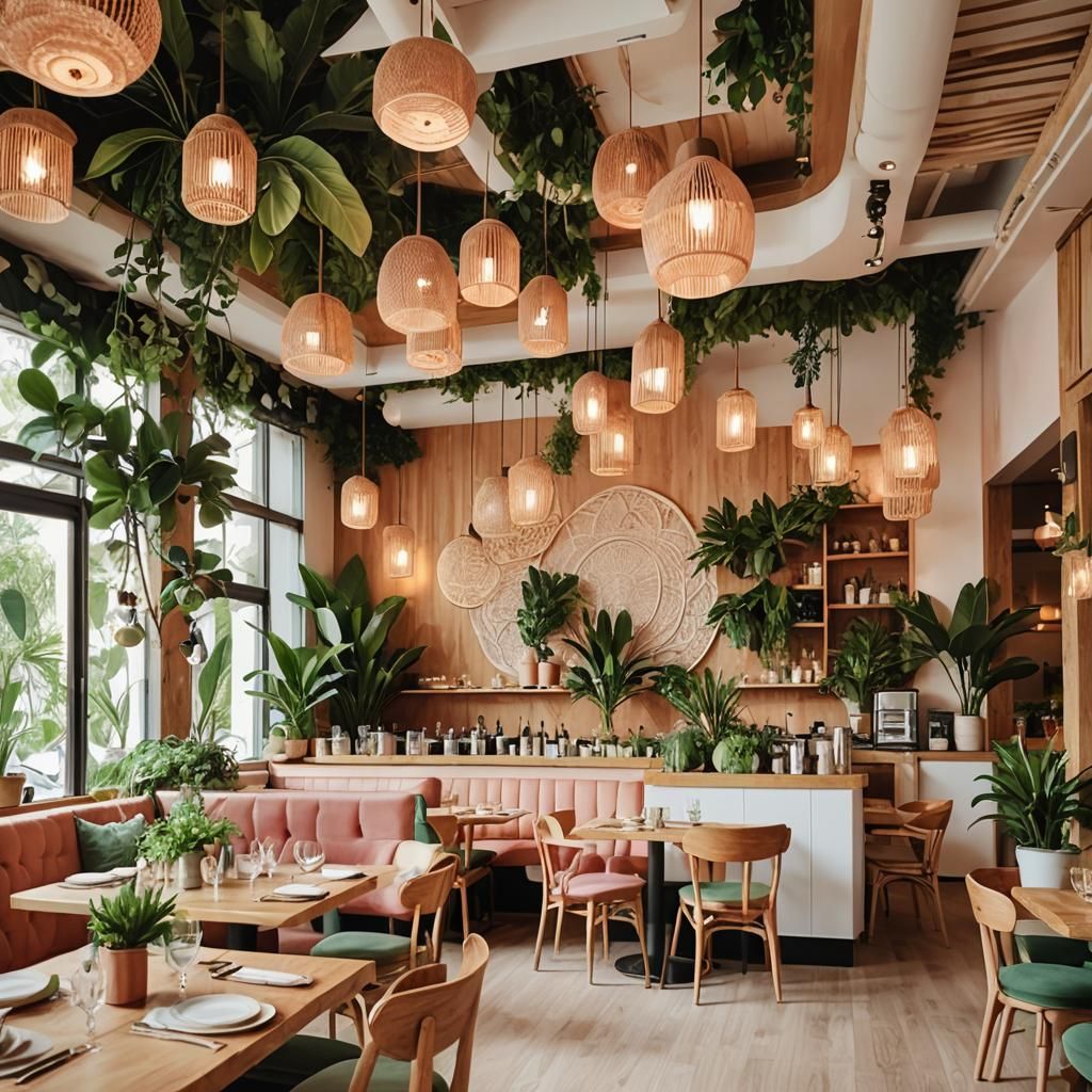 Bohemian Restaurant Interior with Plants and Wood Accents