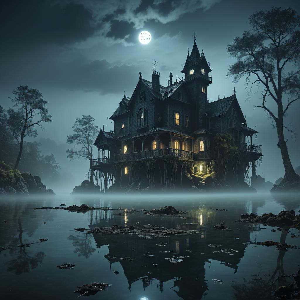 Futuristic Gothic Horror Haunted House on Rocky Island