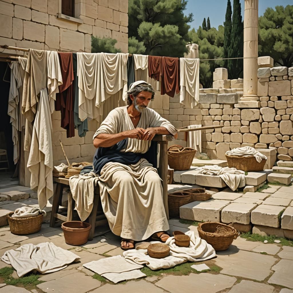 Ancient Athens: Laundress Resting Among Drying Clothes
