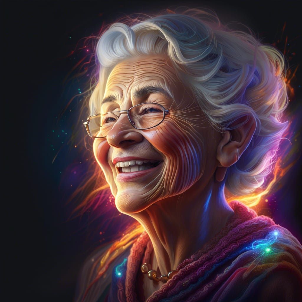 Magical Elderly Woman's Radiant Smile in Acrylic Style