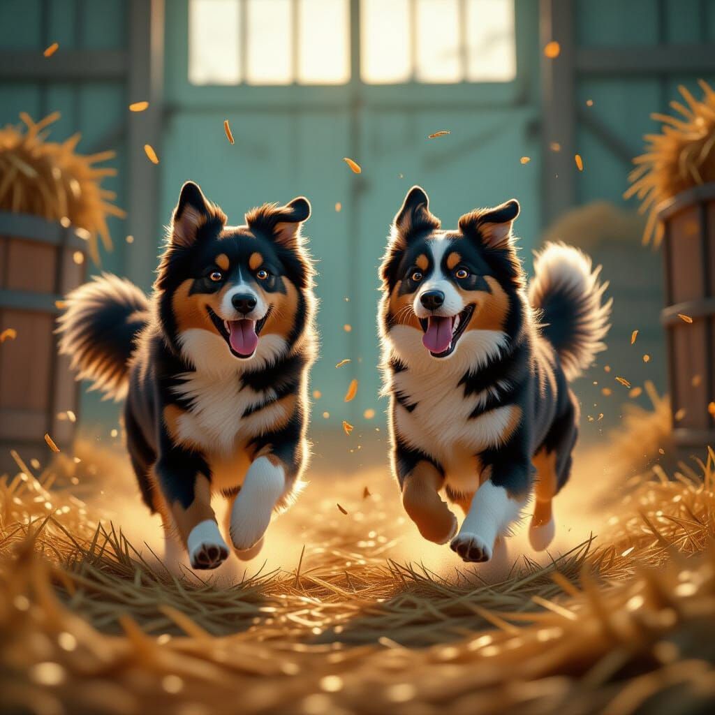 Energetic Dogs Play in Rustic Hay Litter