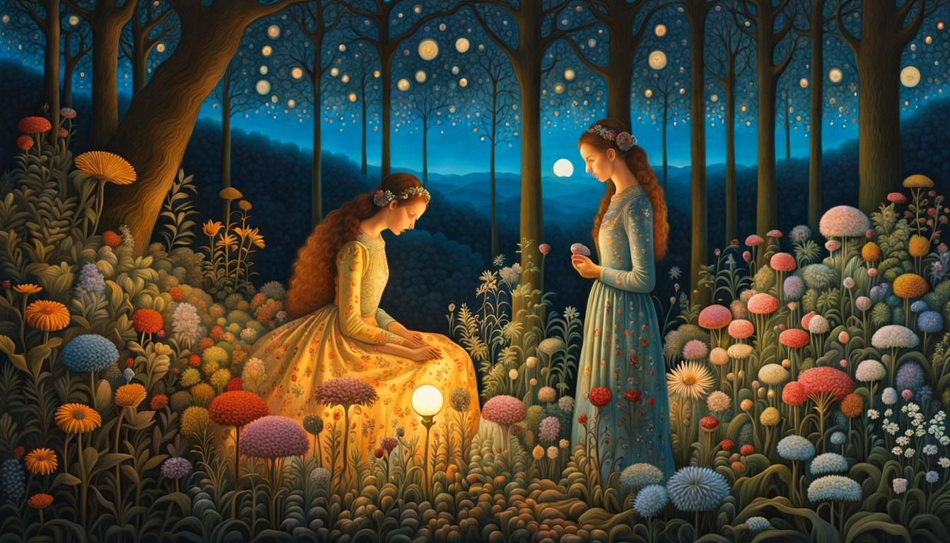 Sunset Woman in Surreal Flower Forest