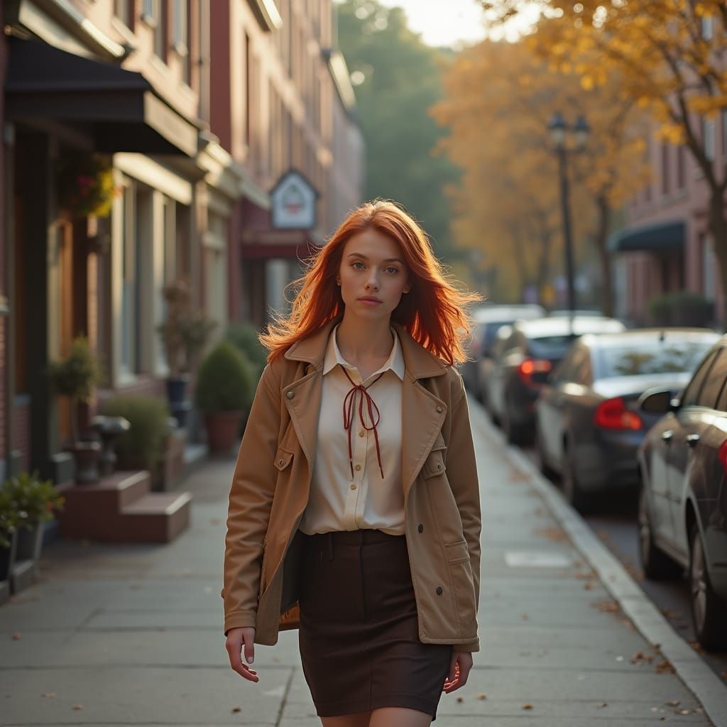 Red-Haired Woman Walks Bustling Street in Autumn Afternoon