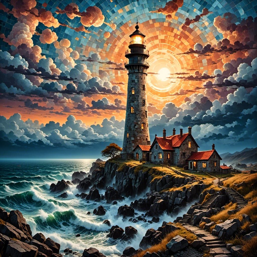 Lighthouse Against Tiled Sky in Digital Art Style