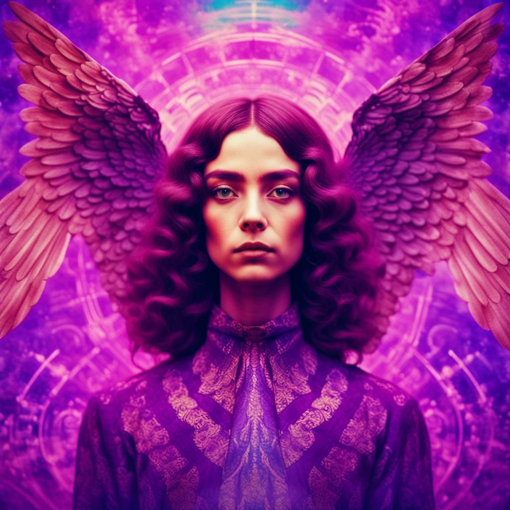 Angel Portrait in Retrowave Style with Psychedelic Patterns
