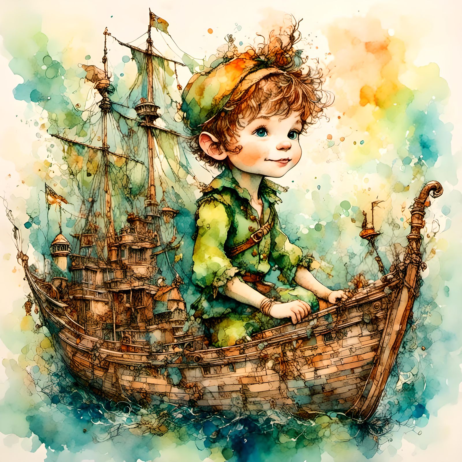 Peter Pan Portrait in Watercolour and Ink