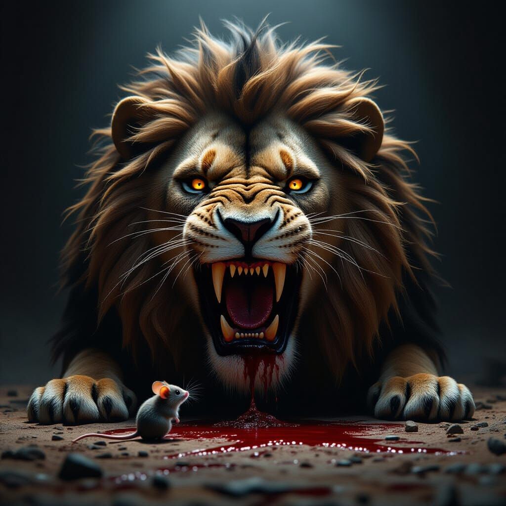 Colossal Lion's Maw vs Tiny Mouse: A Darkly Fantastical Scen...