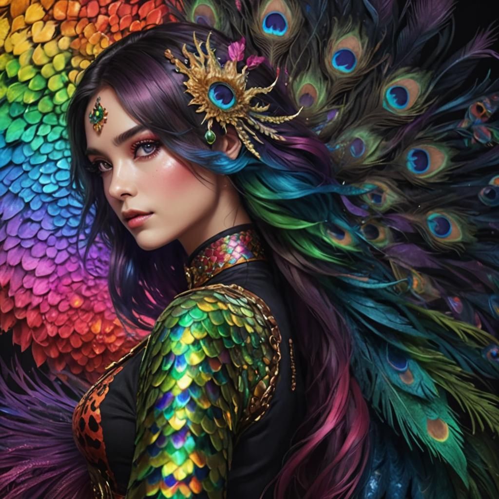 Fantasy Woman with Dragon Scales and Peacock Hair