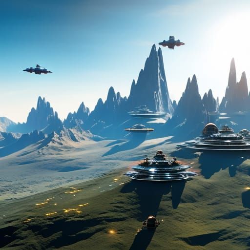 Space Fleet Over Mountains in Detailed Matte Painting