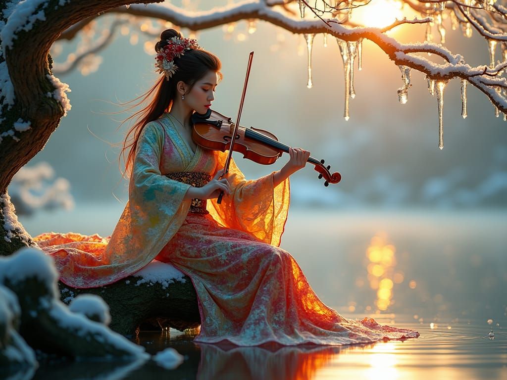 Elegant Geisha Violinist Perched on a Snow-Covered Tree Bran...