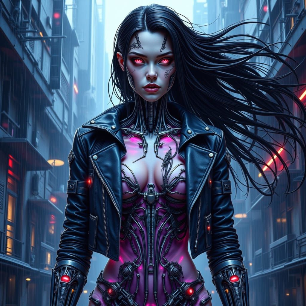 Gothic Cyberpunk Woman in Rain-Soaked Cityscape