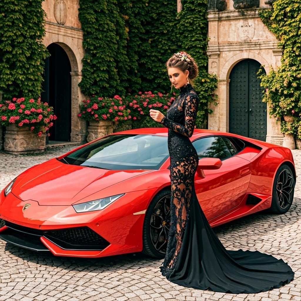 Woman in Gown with Red Lamborghini, Hyperrealistic Photograp...