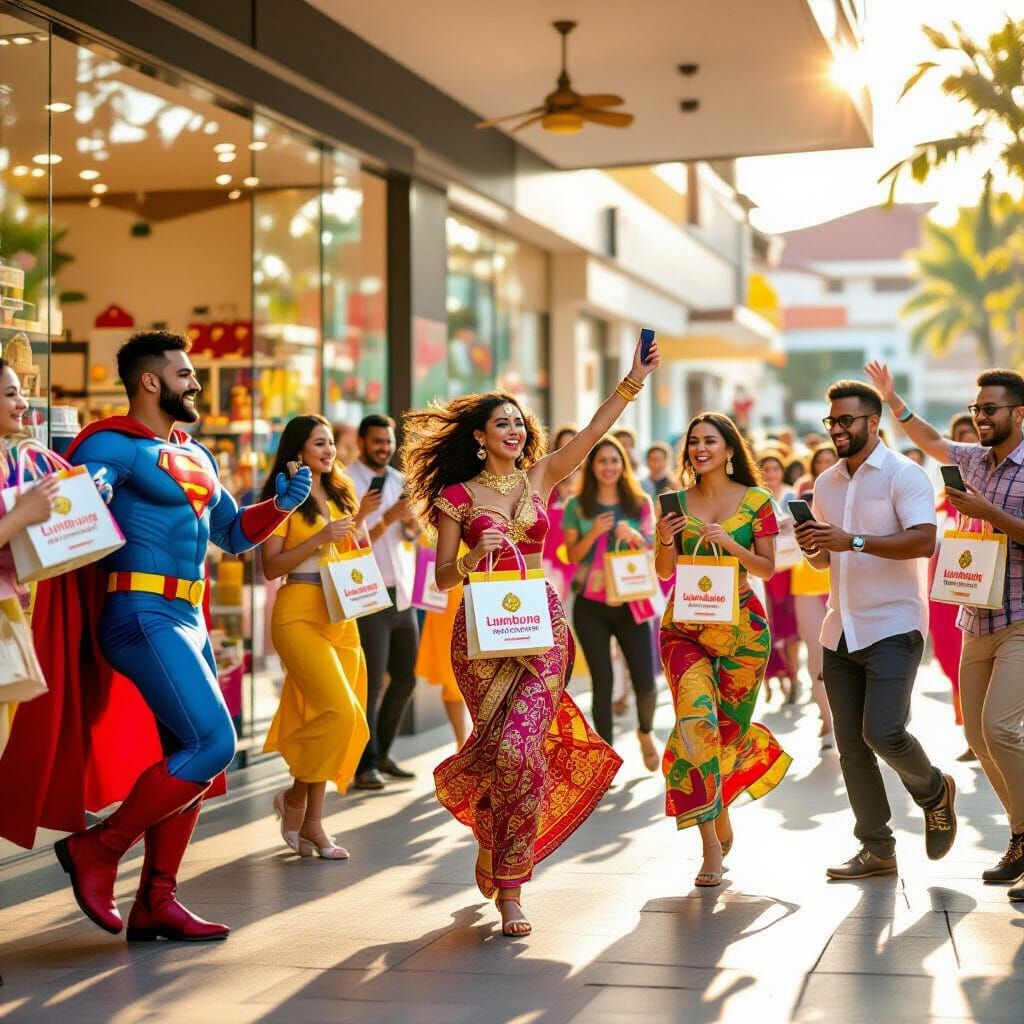 Diverse Crowd Dancing with Smartphones and Goodie Bags