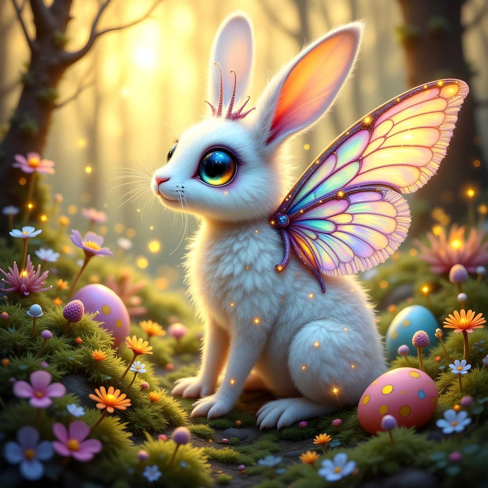 Whimsical Moth-Rabbit Hybrid in a Floral Wonderland