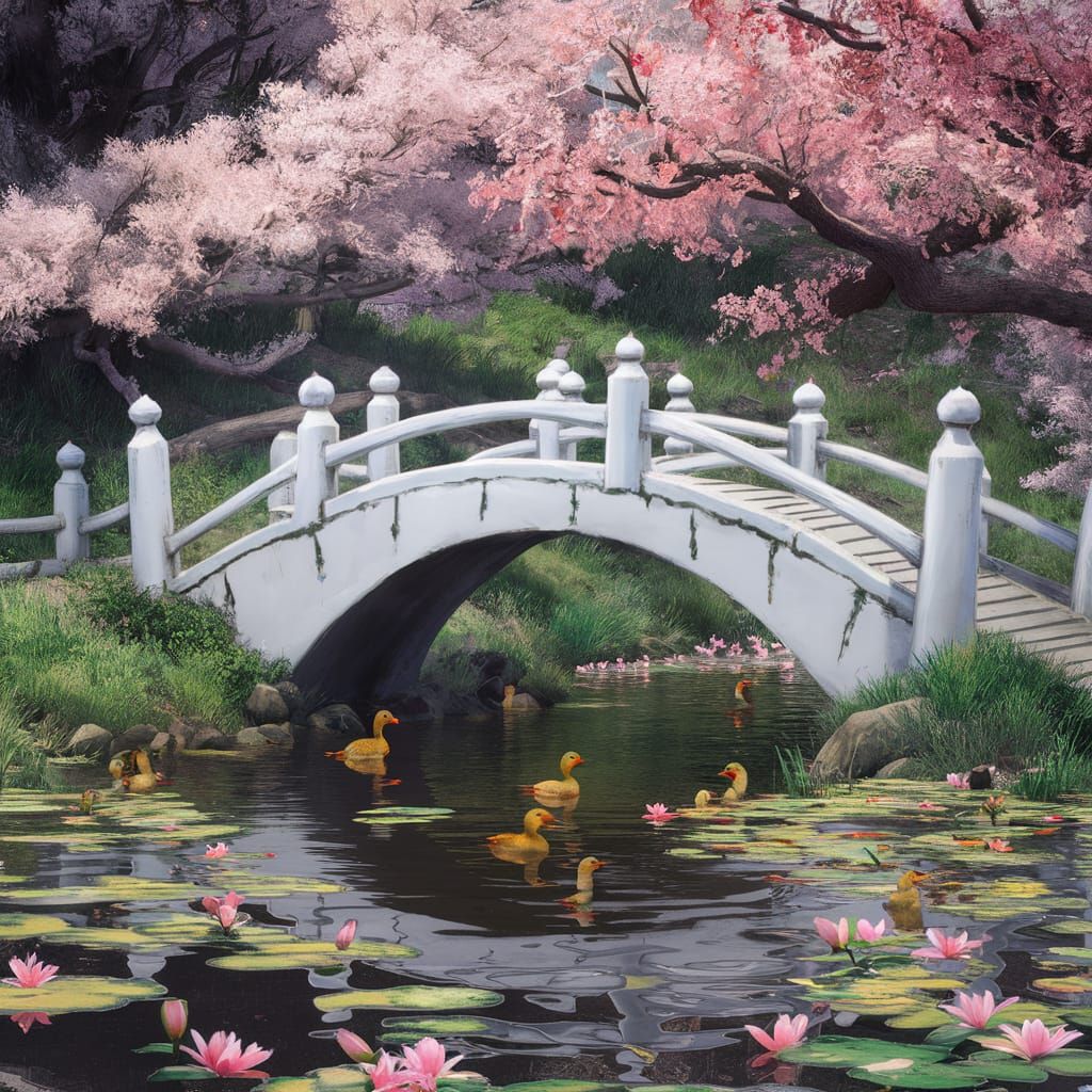 Romantic White Bridge Over Lily Pond, Ghibli Style
