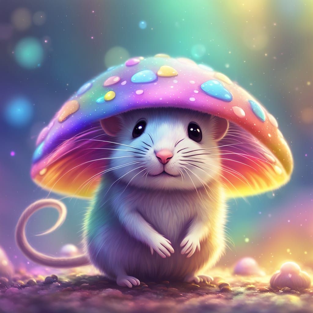 Cute Rainbow Mouse on Mushroom in Pastel Anime Style