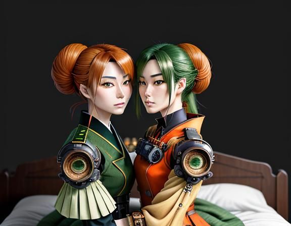 Anime Twin Sisters Kiss in Steampunk Manga Style