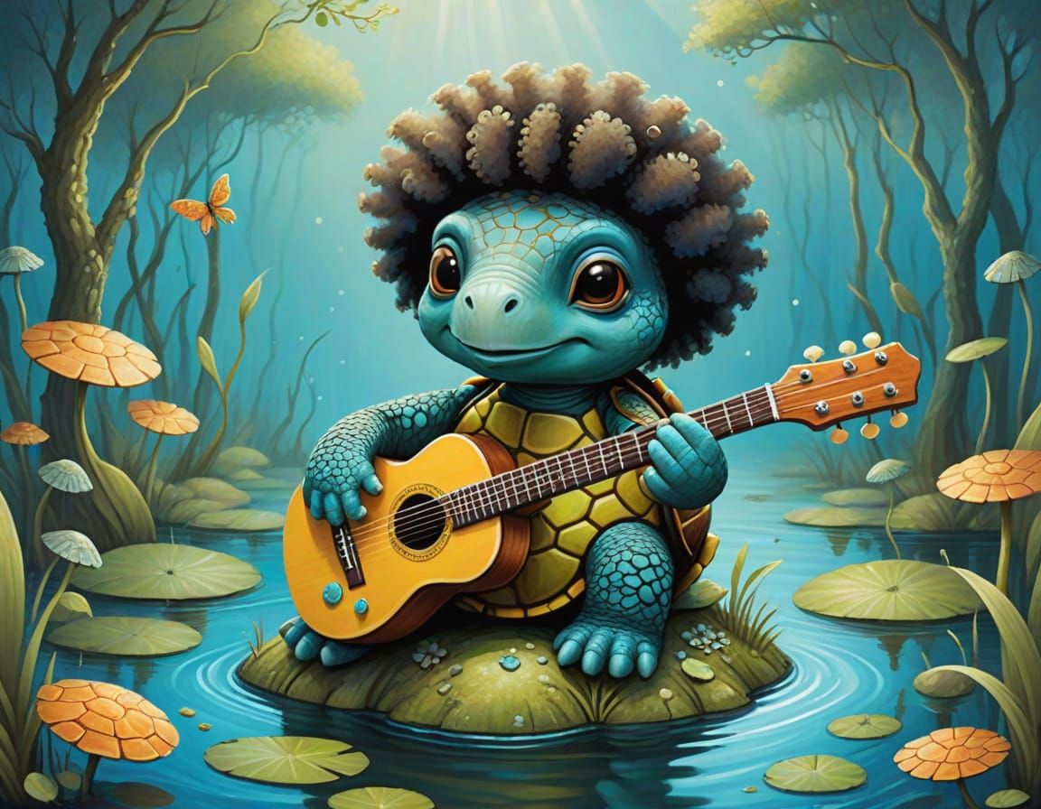 Turtle Plays Guitar in Swamp in Beatrice Blue Style