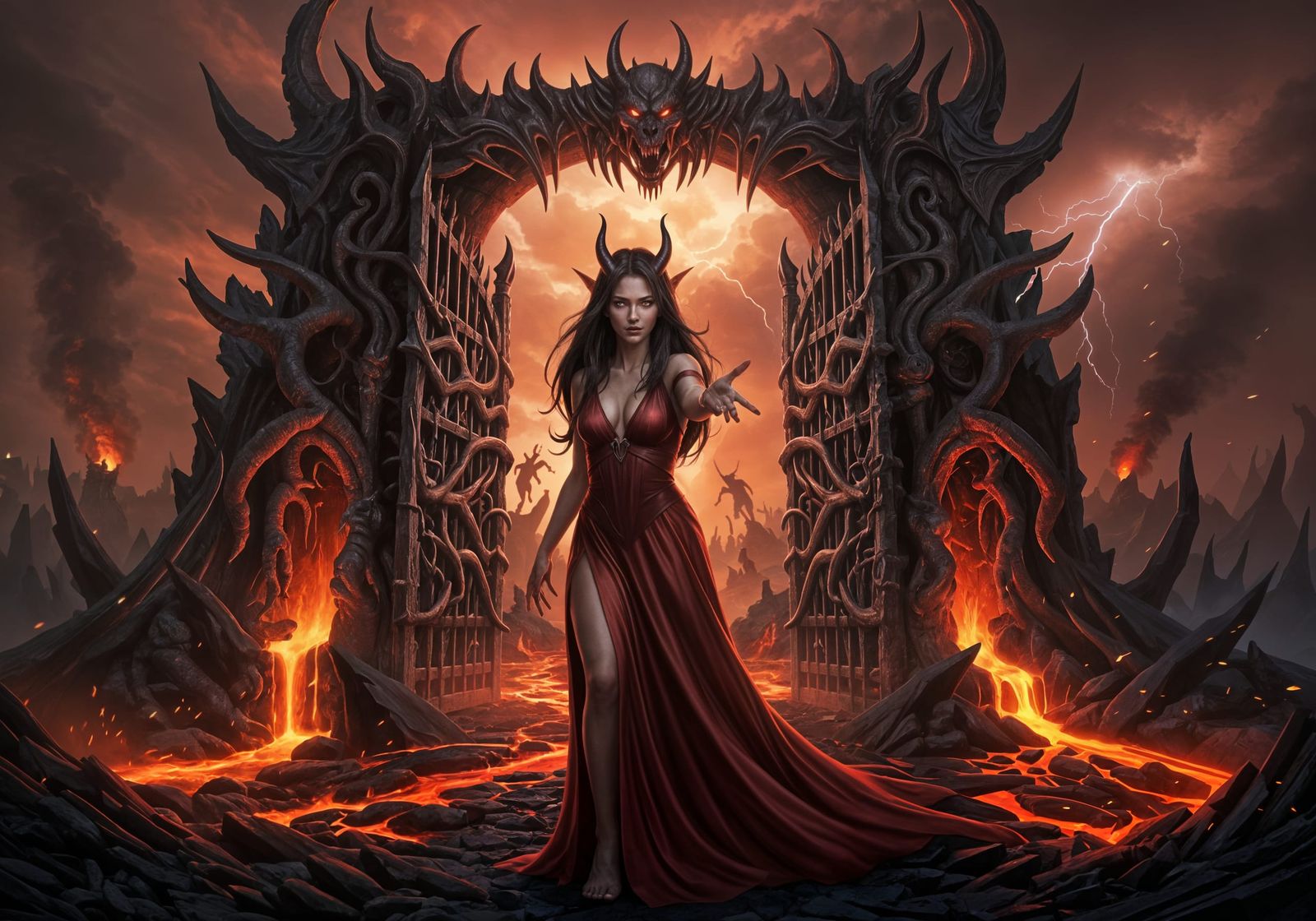 Female Demon Invites Viewer to Hell Gates, Realistic Photo