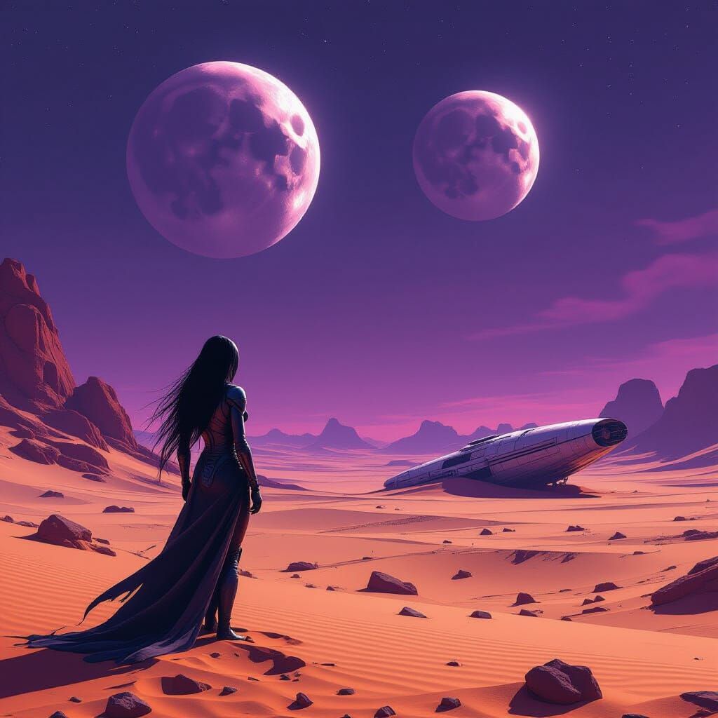 Alien Woman on Desolate Planet Under Twin Moons