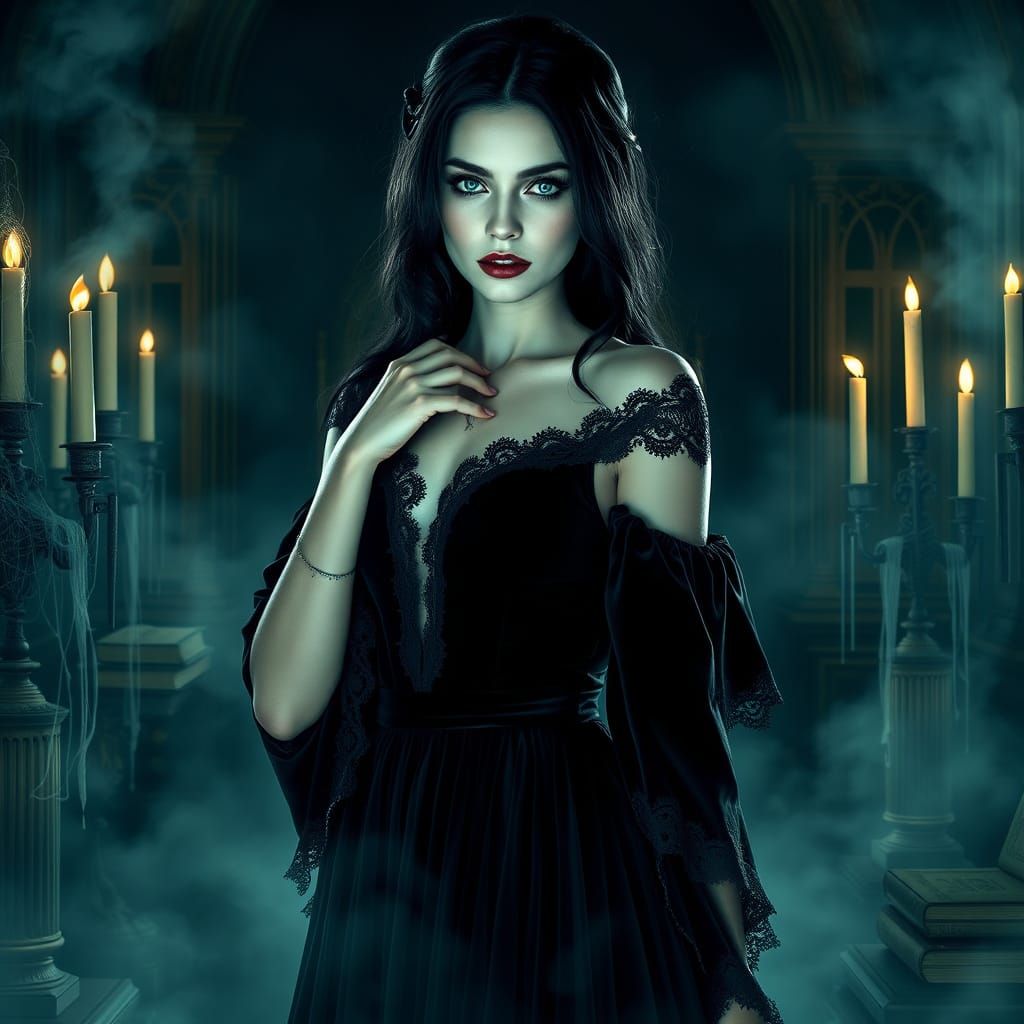 Gothic Woman in Dark, Mystical Chamber